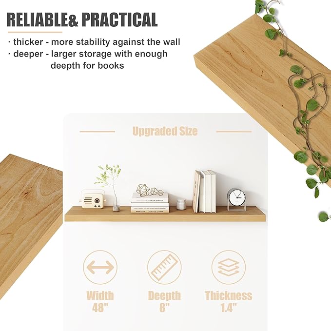 Floating Shelves for Wall, USA-Sourced Brich Wood 48 Inch Long Wall Shelves, Natural Wooden Mounted Picture Ledge Shelf, Nursery Book Storage Shelf Kids Bookshelf, Display Shelf for Bathroom-Ruum Studio Home