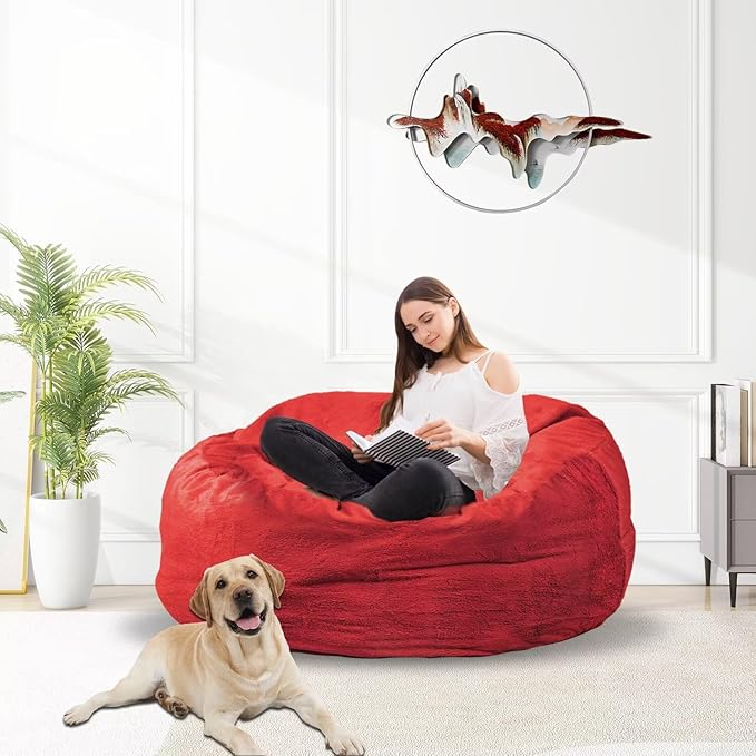 Bean Bag Chair for Adults 3FT,Soft Removable Cover for Teens/Girls Bedroom,Fluffy Giant Round Floor Beanbag Lounger Chairs (No Filler,Big Red)-Ruum Studio Home