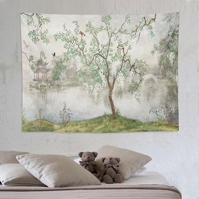 HZOHNAGO Japanese Tapestry Tree Misty Garden Lake Printed Wall Tapestry Ink Painting Wall Hanging for Bedroom Living Room Dorm 80" W x 60" H-Ruum Studio Home