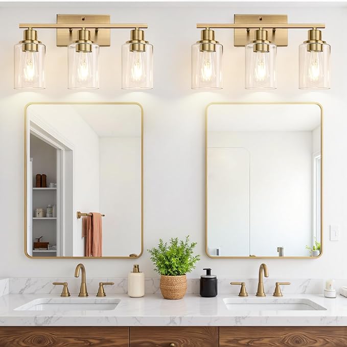 3 Light Bathroom Light Fixtures, Brass Vanity Lights for Bathroom with Clear Glass Shades, Modern Bathroom Wall Sconces for Mirror Living Room Cabinet-Ruum Studio Home