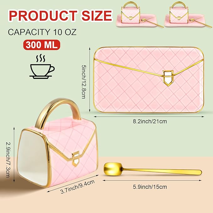 Zubebe 2 Sets Coffee Mug Elegant Handbag Shaped Cup Modern Ceramic Purse Mug with Spoon and Saucer, 10oz Cute Creative Tea Cup for Office Home Woman Girls Gift (Pink)-Ruum Studio Home