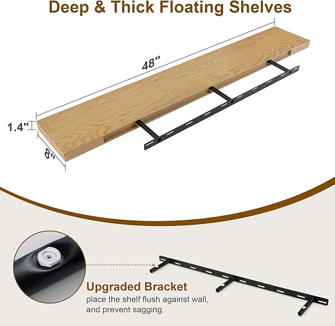 Fun Memories Floating Shelves, 8 Inch Deep Floating Shelves, Rustic Wood Fireplace Mantel 48 in Long, 48 x 8 Floating Wall Shelves for Living Room, Kitchen, Bedroom, Oak Color, 1 Pack-Ruum Studio Home