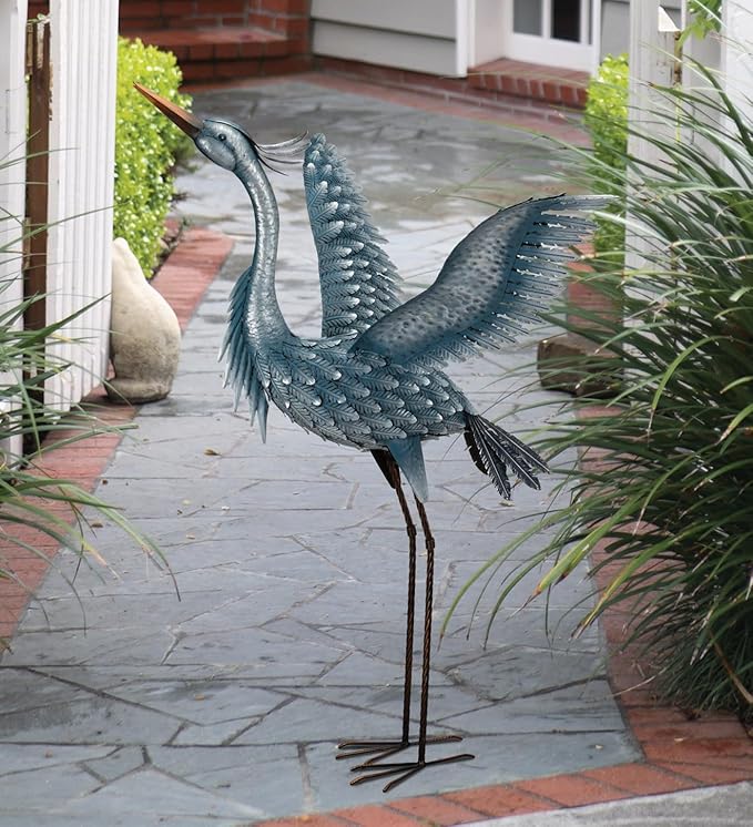Regal Art & Gift Outdoor Garden Décor, Unique Bird Sculpture, Rustic Metal Bird Statues, Garden Ornaments, Bird Figurine for Lawn, Decorative Sculpture, Heron, Blue, Wings Up, 47"height-Ruum Studio Home