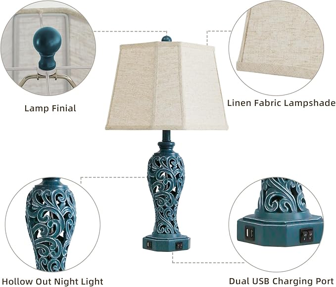25'' Farmhouse Table Lamps Set of 2 for Living Room Bedroom, 2 USB Ports Coastal Vintage Table Lamp with Nightlight, Blue Green Hollow Out Resin Lamp for End Table (Bulbs Included)-Ruum Studio Home