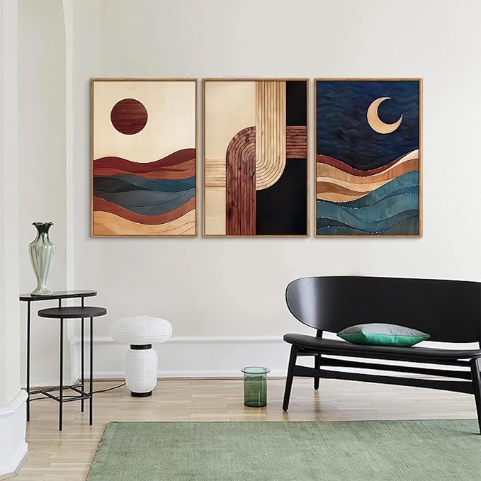 SIGNINART Boho Mid Century Modern Framed Canvas Wall Art, Bohemian Geometric Wall Decor, Abstract Sun and Moon Artwork,Beige and Black Wooden Art Paintings for Living Room Bedroom Office 16"x24"x3-Ruum Studio Home