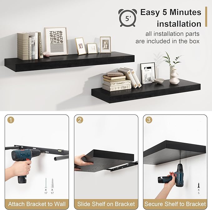 Heimlove Black Bathroom Shelves Floating Shelves for Wall Shelf Over Toilet Long Wall Mounted Modern Farmhouse,48 x 12 Shelves with Invisible Brackets for Living Room, Kitchen, Bedroom-Ruum Studio Home