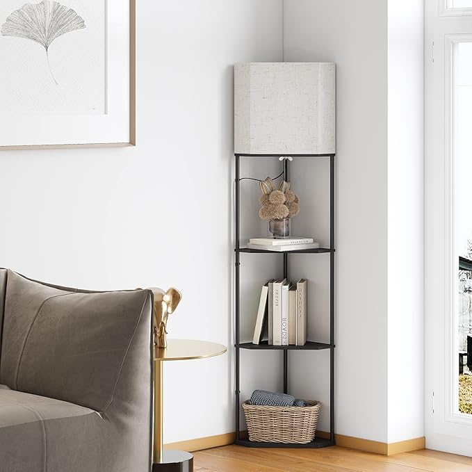 SUNMORY Sector Corner Shelf Lamp 3 Color Temperatures LED Bulb,Corner Lamps with Linen Lampshade, Floor Lamps for Living Room, Bedroom, Study, Black Standing Lamp with Shelves-Ruum Studio Home