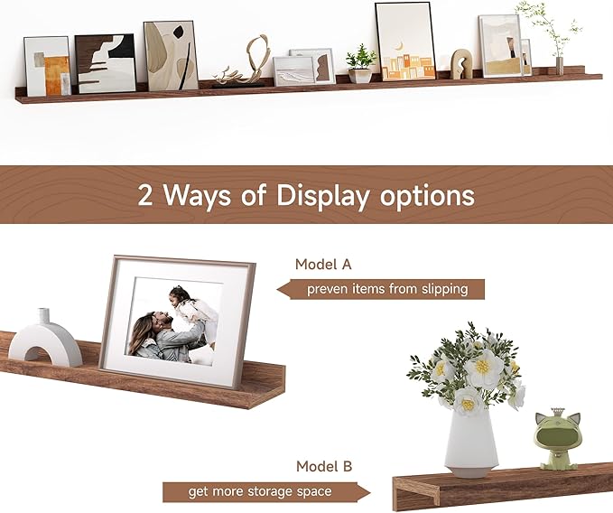 Floating Picture Ledge Shelves for Wall Set of 2, 84 Inches Picture Ledge Shelf with Long Large Nursery Book Shelf for Toys Storage Kids Bookshelf Wall Mounted Living Room Bedroom Decor Frames, Walnut-Ruum Studio Home
