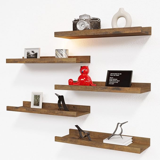 RICHER HOUSE 5 Set Floating Shelves for Wall Decor, Wall Mounted Book Shelf, Nursery Shelves Picture Ledge Shelf with Lip for Wall Storage, Bedroom, Living Room, Bathroom - Brown-Ruum Studio Home