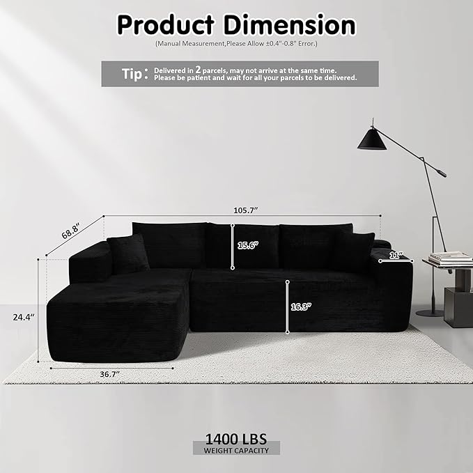 ovios 104" Cloud Sectional Couch with L-Shape Chaise,Modern Modular Sofa with Deep Seat, Upholstered Couches for Living Room Bedroom,No Assembly Required, Black (Corduroy Fabric)-Ruum Studio Home