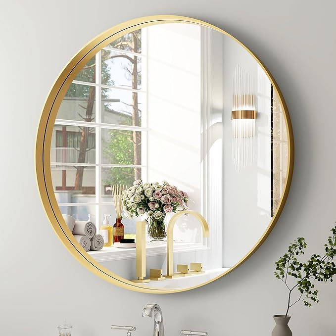 30 Inch Round Bathroom Mirror - Wall Mounted Circle Mirror with Metal Frame, Modern Mirror Suitable for Bathroom, Vanity, Entryway, Living Room, Wall Decor,Gold-Ruum Studio Home