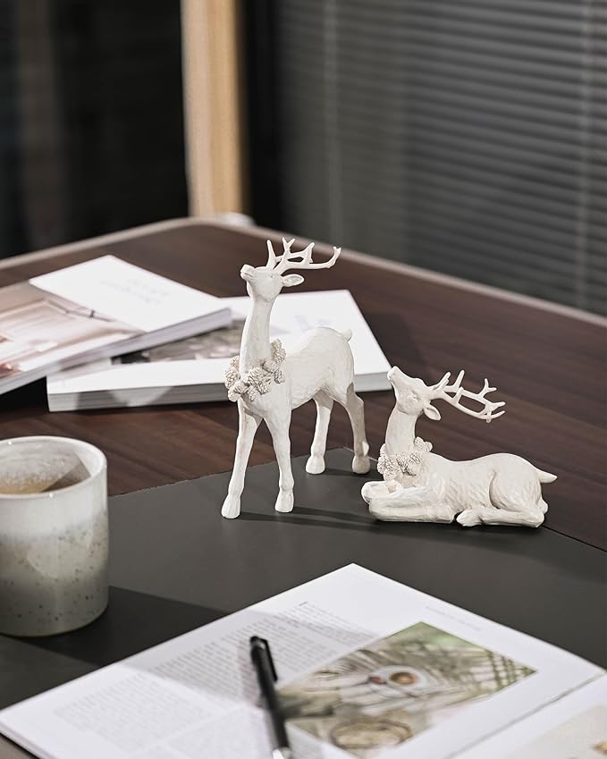 DN DECONATION 2pcs White Christmas Reindeer Statue, Indoor Reindeer Decor, Tabletop Resin Deer Figurine-Ruum Studio Home