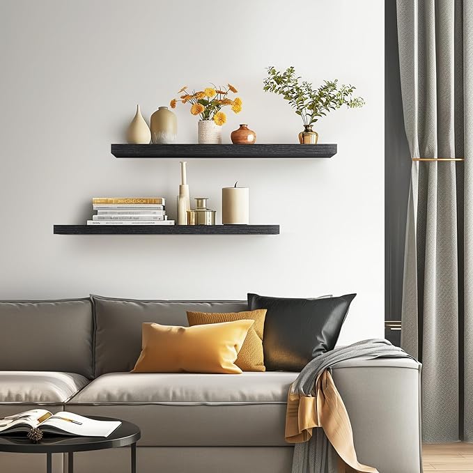 BAYKA Floating Shelves for Wall, 36 inches Long Wall Mounted Rustic Wood Shelves for Bathroom, Bedroom, Living Room, Kitchen, Office, Hanging Shelf for Books/Storage/Decor(Black,Set of 2)-Ruum Studio Home