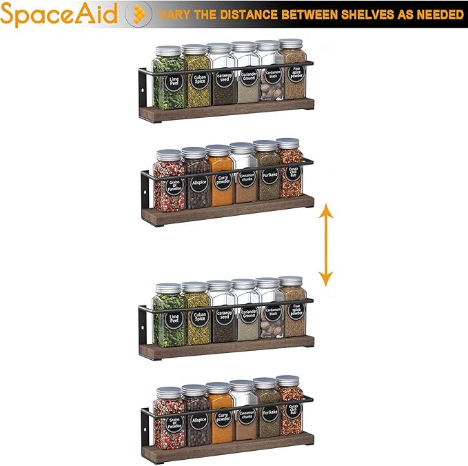 SpaceAid Spice Rack with 24 Spice Jars, 386 Spice Labels, Chalk Marker and Funnel, Wood Hanging Seasoning Shelf for Cabinet Door or Wall Mount (4 Pack)-Ruum Studio Home