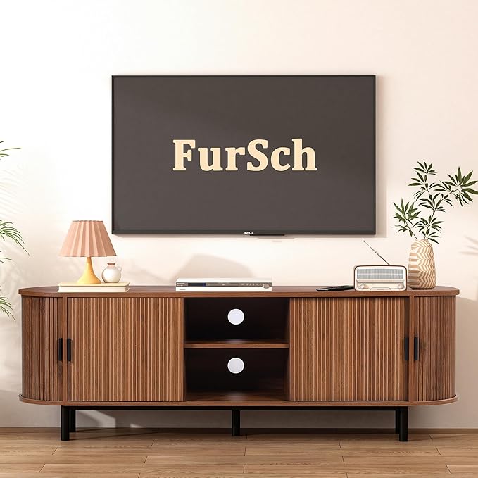 62" Tambour Door TV Stand,Wood Mid Century Modern TV Cabinet for Up to 70“ TV,Curved Edge Long TV Stand with Storage for Bedroom Living Room(Walnut, 62.2inch)-Ruum Studio Home