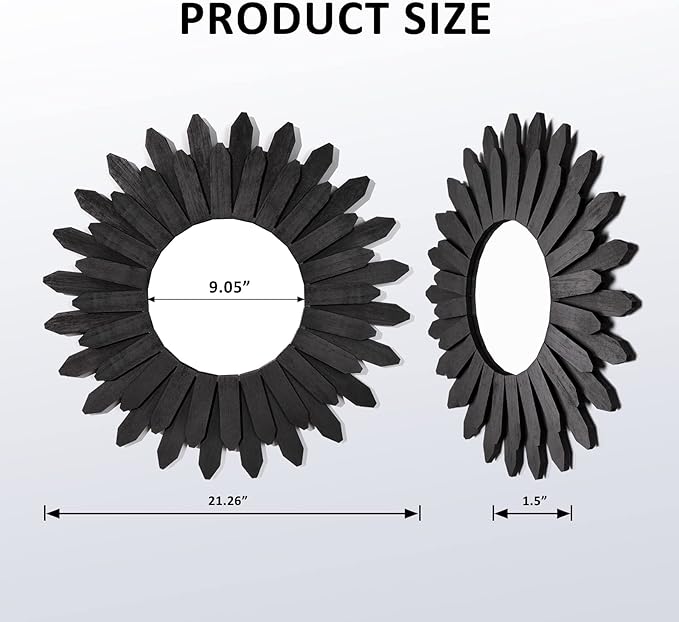 Honiway 21 inch Black Wall Decor Vintage Mirror, Boho Style, Wooden Frame, Easy to Hang, Ideal Gift-Ruum Studio Home