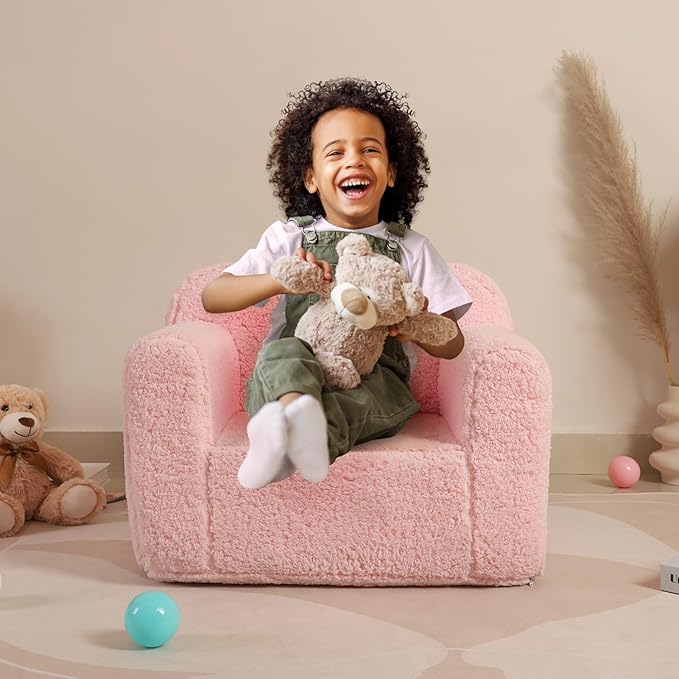 Kids Snuggly-Soft Sherpa Chair, Cuddly Toddler Foam Chair for Boys and Girls, Pink-Ruum Studio Home