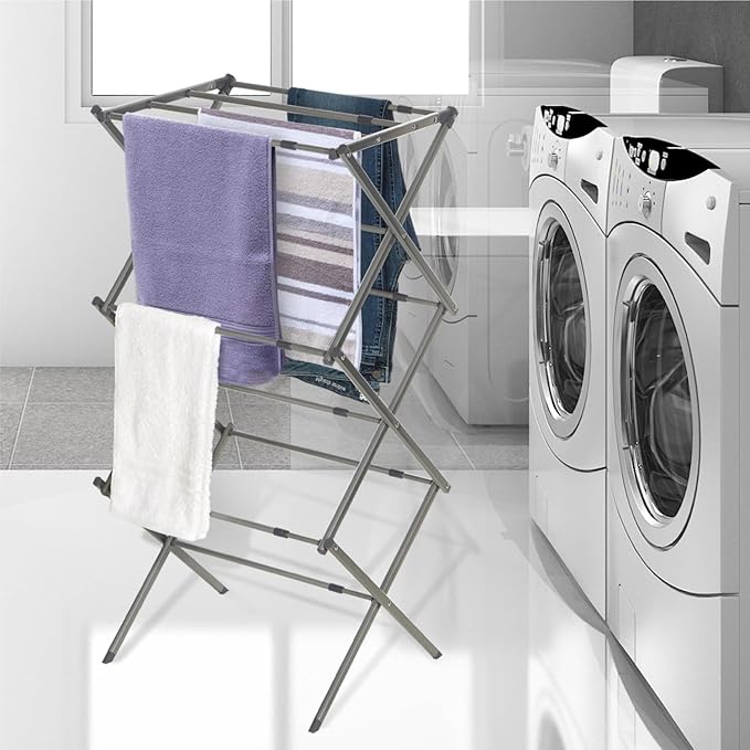BLACK+DECKER 3 Tier Expandable Collapsing Foldable Laundry Rack for Air Drying Clothing, Space Saving Heavy Duty Lightweight Metal Drying Rack(Silver)-Ruum Studio Home