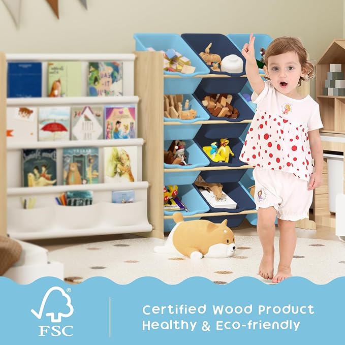 Kids Toy Storage Organizer - Toy Storage with Kids Bookshelf, Toy Organizer with 12 Blue Bins and 4 Book Shelves, Toy Organizers and Storage for Playroom, Nursery, Kids Room, Burlywood-Ruum Studio Home