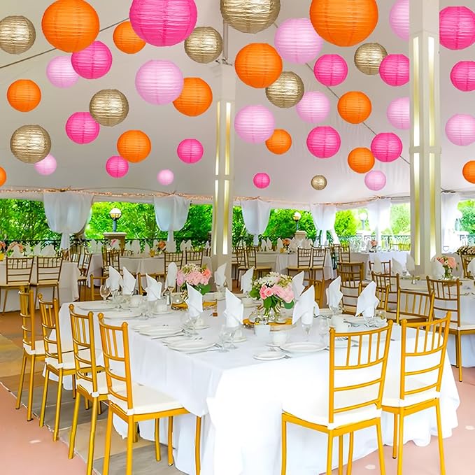 Paper Lanterns Pink Orange Gold Round Hanging Chinese Lanterns for Birthday Party Baby Shower Bridal Shower Decorations Pack of 12-Ruum Studio Home