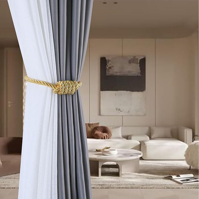 Fenghuangwu 2Pack Magnetic Curtain Tiebacks – Bohemian Style Handmade Woven Tie-Backs for Drapes,Elegant Exquisite Knot Holdbacks,Outdoor Boho & Modern Home Decor（Gold-Ruum Studio Home