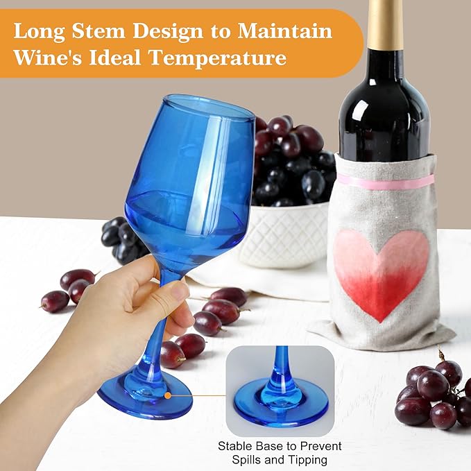 Blue Wine Glasses Set of 6-14oz Blue Long Stem Wine Glass, Pretty Crystal Glassware, Hand Blown Goblets Drinkware, Unique Stemware Wine Glass Holiday Gift Set-Ruum Studio Home