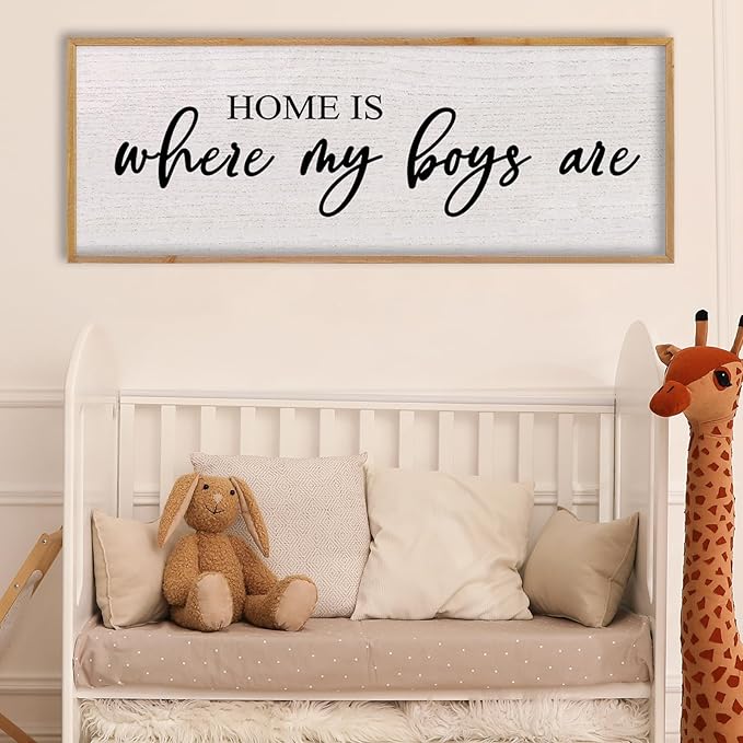 Home Is Where My Boys Are Wall Decor 40"×15" mom and her boys Sign for boys room Playroom Large Wood Framed Wall Hanging Art (Wood)-Ruum Studio Home