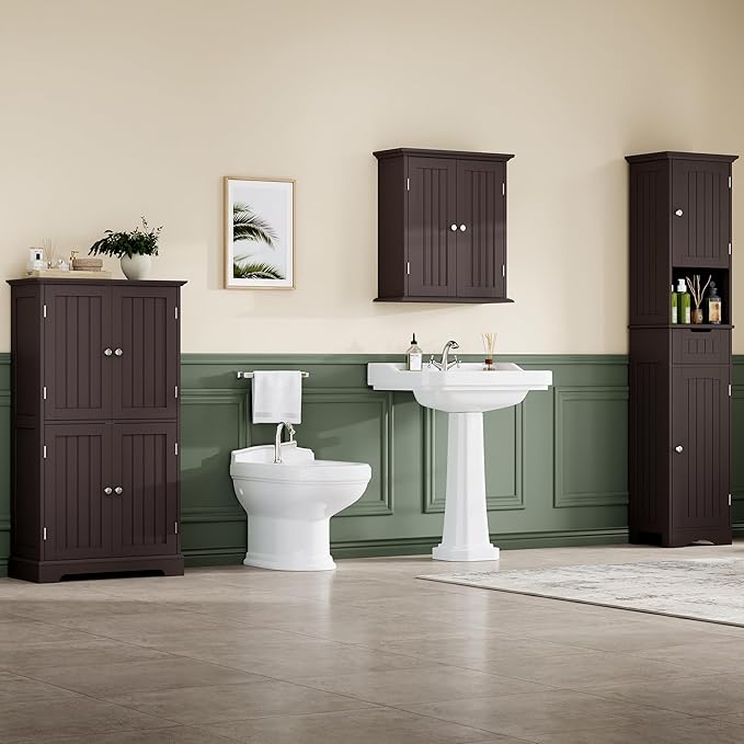 ChooChoo Bathroom Floor Cabinet, Modern Bathroom Storage Cabinet with 4 Doors and Adjustable Shelves, Freestanding Cupboard for Living Room, Espresso-Ruum Studio Home