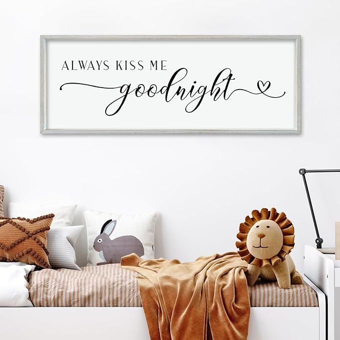 comurdyo Always Kiss Me Goodnight Sign for Bedroom Above bed Wall Decor 40''×15'' Large Wood Frame For Couples Over Bed Hanging Wall Art (White)-Ruum Studio Home