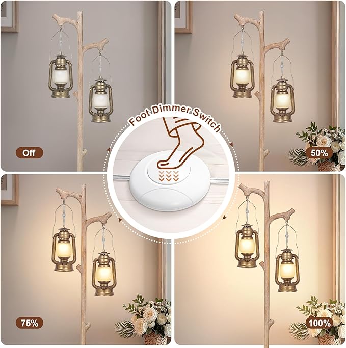 Scenekoy Vintage 68” Tall Floor Lamp with Lanterns, Retro Standing Lamp Tree Trunk Finish & Resin Body, Rustic Dimmable Corner Lamp Stand Up Light with Bulb Prefer for Living Room Bedroom Home Decor-Ruum Studio Home