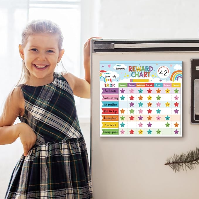 Reward Chart for Kids,Magnetic Behavior Chore Chart for Kids at Home,26 Rainbow Blue Chore Charts,1960 Star Stickers,56 Reward Stickers,Incentive Chore Chart to Develop Responsibility and Good Habits-Ruum Studio Home