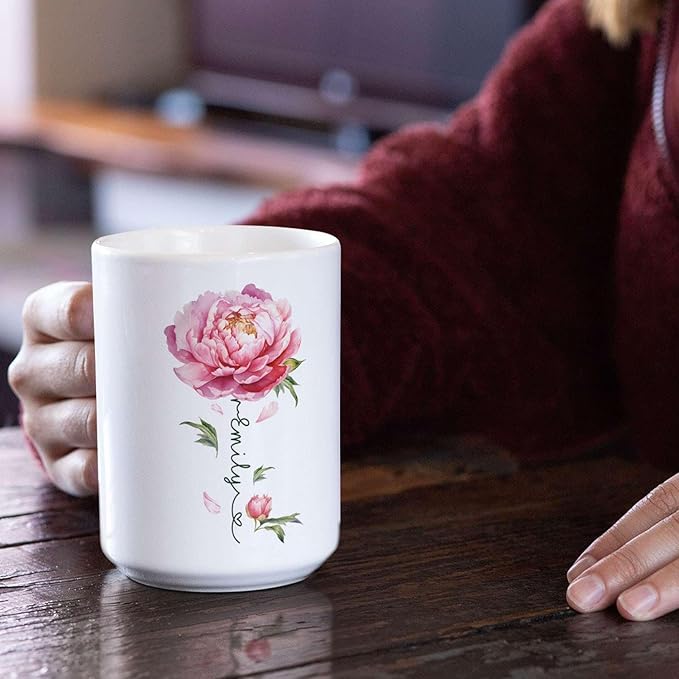 Flower Design Mug With Custom Name, Unique Peony Flower Ceramic Cup, Customized Flower Lover Coffee Mug, Personalized Peony Themed Decorative Cup, Novelty Peony Accent Mug 11oz 15oz-Ruum Studio Home
