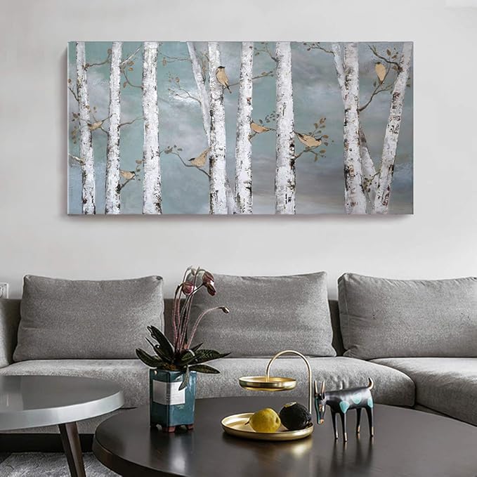 amatop Large Tree Wall Art Hand-Painted Landscape Forest Oil Painting Gallery Wrapped Framed Canvas Gold Bird Artwork 'White Birch at Night' for Living Room Bedroom Office Decor Teal White 48"x24"-Ruum Studio Home