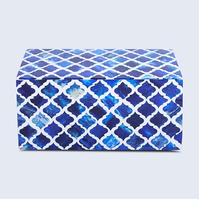 Handicrafts Home Handmade Moroccan Pattern Inspired Decorative Box - Large Storage Organizer for Neck Chains, Watches, Memory Keepsakes - Boho Style Treasure Box, Multipurpose Gift - Blue, 10x5x5-Ruum Studio Home