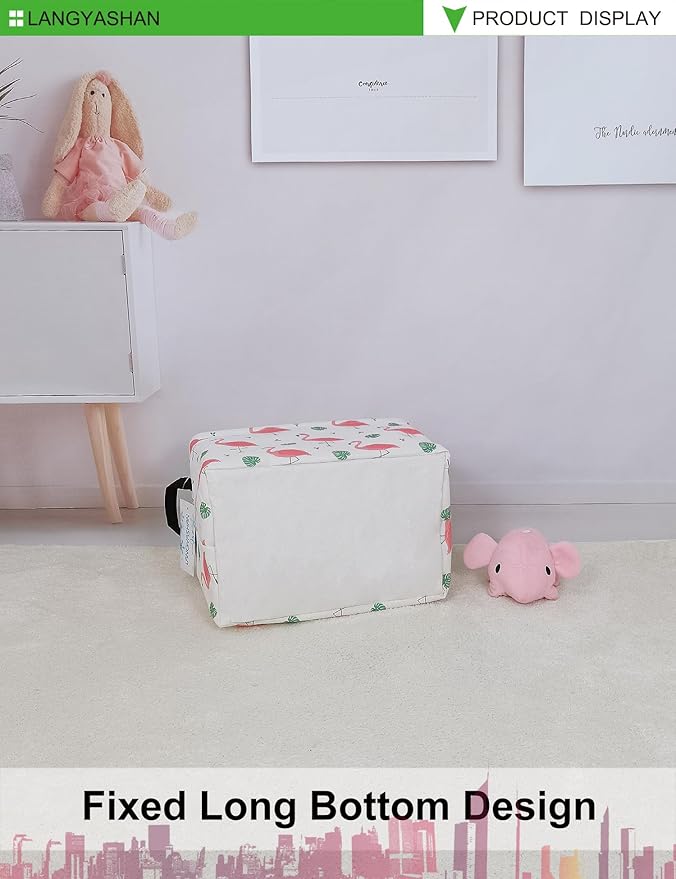 LANGYASHAN Rectangular Storage Bin Collapse Canvas Fabric Cartoon Storage Basket with Handles for Organizing Home Kitchen Boys and Girls Toys Office Closet Shelf Baskets(Rec Leaf Flamingo)-Ruum Studio Home