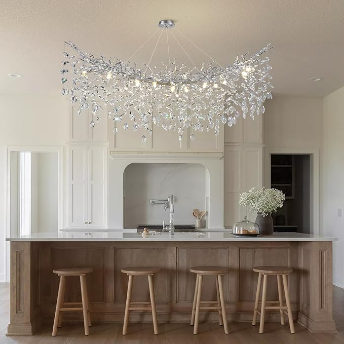 Modern Crystal Silver Chandelier, 55" Large Rectangular Oval Tree Branch Crystal Chandeliers for Dining Room,16-Light Flush Mount K9 Crystal Chandeliers, for Kitchen Island,Dining Room-Ruum Studio Home