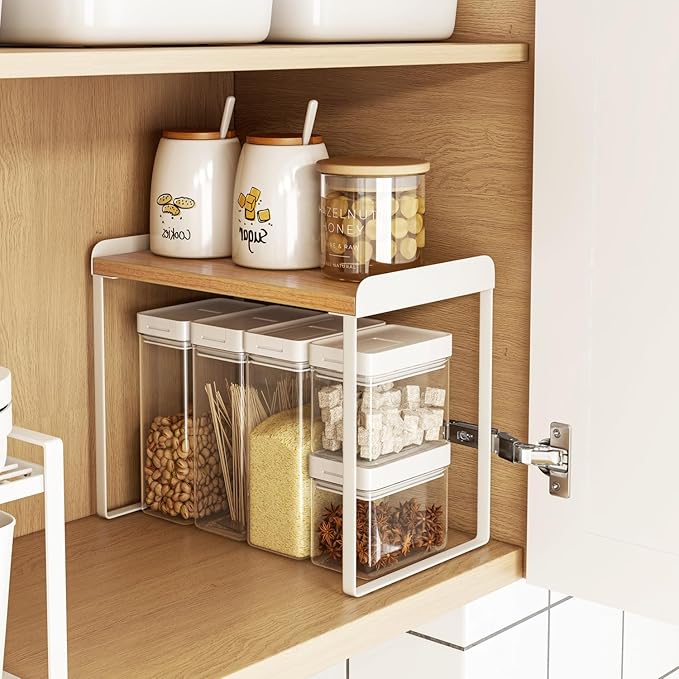 Mitus Shelf Organizer and Storage, Tiered Wood Cabinet Rack for The Kitchen Counter, Bathroom Counter, Pantry Cupboard, Office Desk Bookshelf, 12" Wide Natural and White (Large)-Ruum Studio Home
