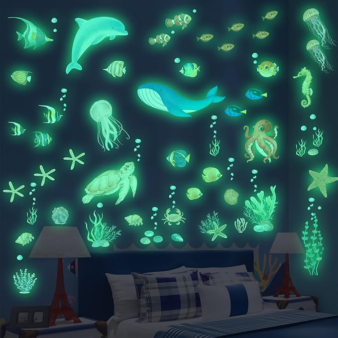 Sea Turtle Ocean Fish Wall Decals Glow in The Dark, Under The Sea Life Animals Stickers for Ceiling, Girls Boys Waterproof Decoration for Living Room Wall Bathroom Toilet-Ruum Studio Home