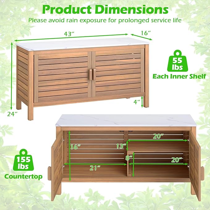 Goplus Patio Storage Cabinet, 2-Door Acacia Wood Storage Container with Faux Marble Top, Outdoor Wooden Sideboard for Deck, Garden, Lawn and Backyard-Ruum Studio Home