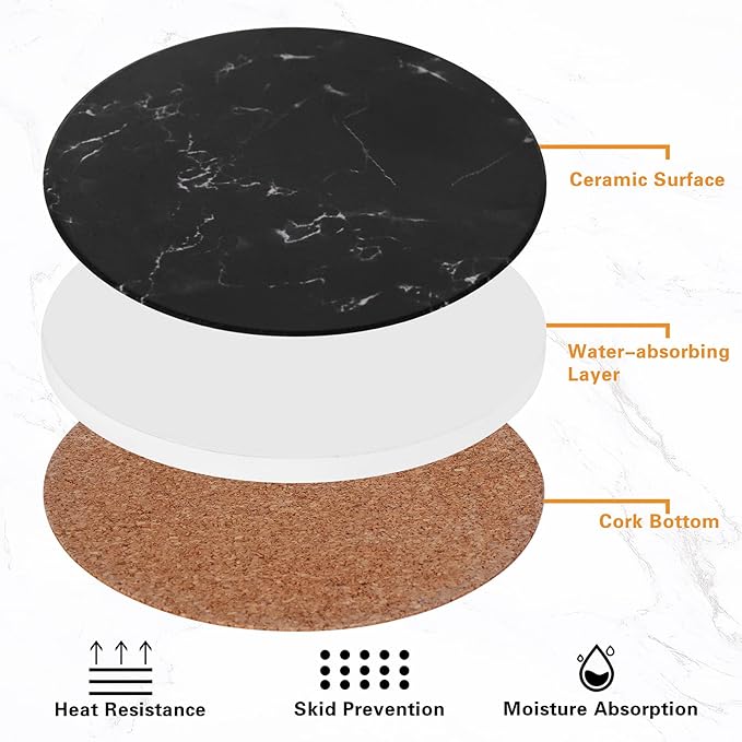 Drink Coasters with Holder Absorbent Ceramic Coasters Set of 6 Black Marble Style, 4 Inches Suitable for Kinds of Cups and Outdoor Picnic-Ruum Studio Home