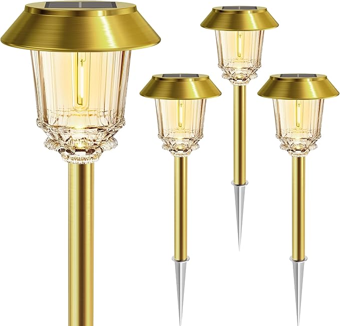 Solar Lights Outdoor Waterproof,4 Pack Gold Pathway Lights with 10-40 LM Dimmable Glass and Metal, Solar Powered Garden Decor for Yard,Patio,Pathway,Driveway Fall Decoration(Warm White)-Ruum Studio Home