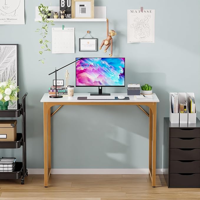 PayLessHere | 39 Inch Computer Desk | White Gold | Office Desk with Metal Frame, Adjustable Feet | Water-Resistant, Scratchproof Surface | Sturdy Writing Table for Home Office or Study | Pack of 1-Ruum Studio Home