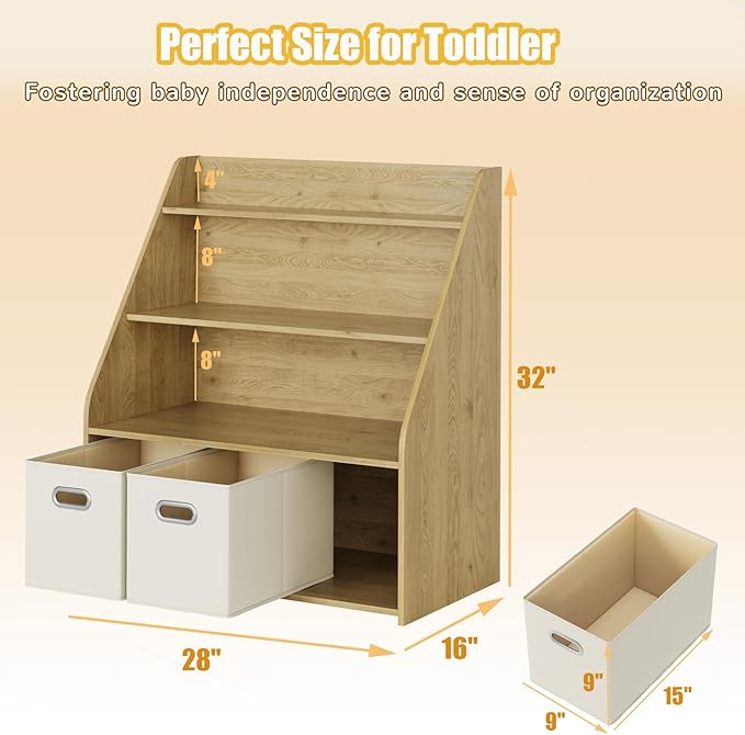 Kids Bookshelf and Toy Organizer, 3-Tier Toy Storage Organizer with 3 Movable Drawers, Montessori Toy Shelf, Nursery Book Shelves Toddler Bookshelf for Kids Room Living Room Nursery-Ruum Studio Home