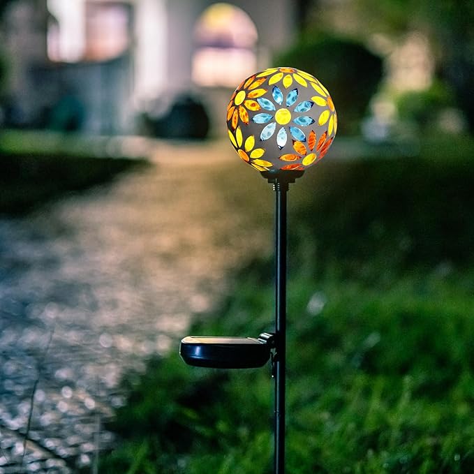 Afirst Solar Lights Outdoor Decorative - Solar Gazing Ball Mosaic Garden Stakes Flower Decorative Lights Waterproof for Pathway Yard Lawn Decoration Yellow-Ruum Studio Home
