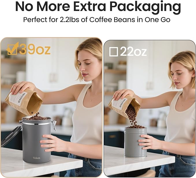 Veken Coffee Canister, 39OZ Large, Airtight Stainless Steel Food Storage Container for 2.2lbs Coffee Beans, Ground, Sugar, Tea, Flour, Rice, Cereal, Cookies Jars, Bar Accessories & Gifts, Gray-Ruum Studio Home