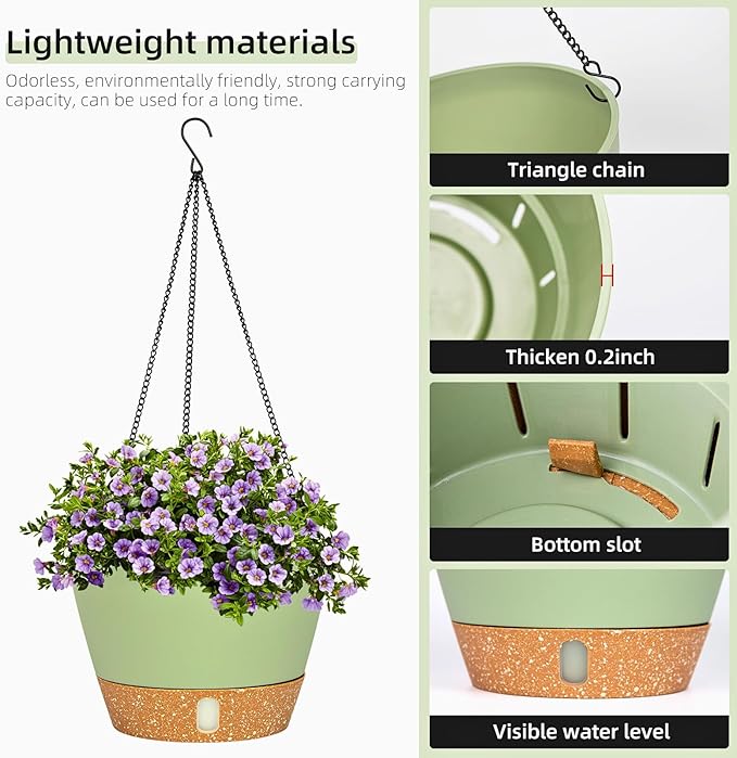 QCQHDU 2 Pack Hanging Planters for Indoor Outdoor Plants, 10 Inch Hanging Baskets Flower Pots with Reservoir Tray & Visible Water-Level-Ruum Studio Home