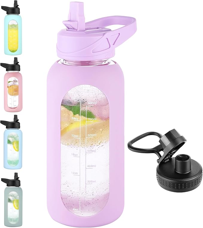 32 oz Glass Water Bottle with Straw and Handle, Sports Motivational Water Flask with Silicone Sleeve, Large Leakproof Water Flask Cup with Time Marker for Travel, Gym, Purple-Ruum Studio Home