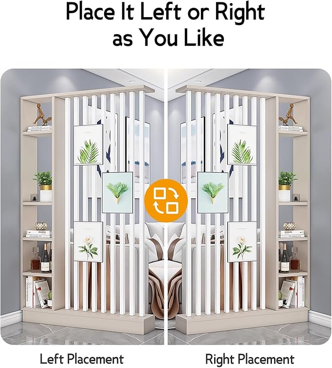 Wall Room Divider, Storage Cabinet Storage Display with Shelves, Modern Freestanding Wood Room Divider Screen, Wall Privacy Screens for Home Decorative (Beige+White,43.3" L x 9.5" W x 79.5" H)-Ruum Studio Home