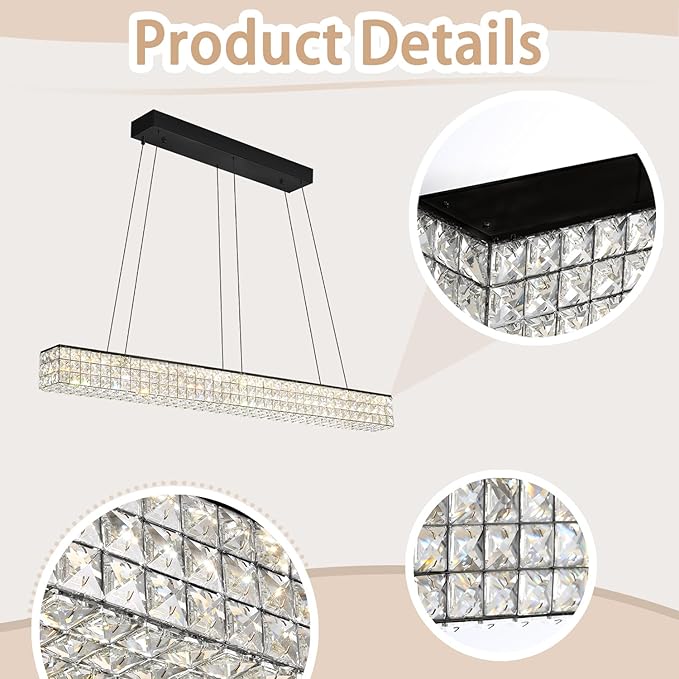 W48 Black Chandeliers for Dining Room, Modern Crystal Pendant Lights Fixture Farmhouse Hanging Dining Light Fixtures for Kitchen Island, Living Room, Bedroom-Ruum Studio Home