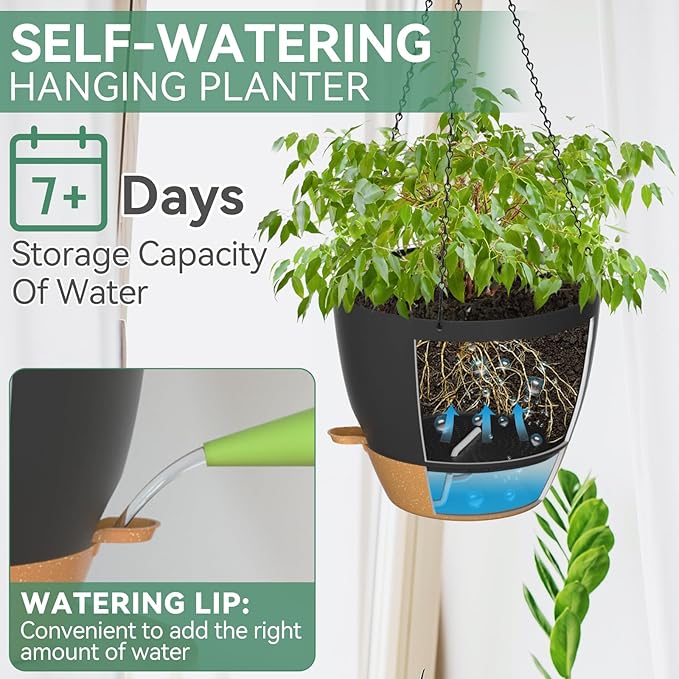 ZMTECH 12 Inch Hanging Planters for Indoor Outdoor Plants, 1 Pack Self Watering Hanging Plant Pots with Drainage Holes and Removable Saucer, Plastic Flower Hanging Pots with Watering Lip (Black)-Ruum Studio Home